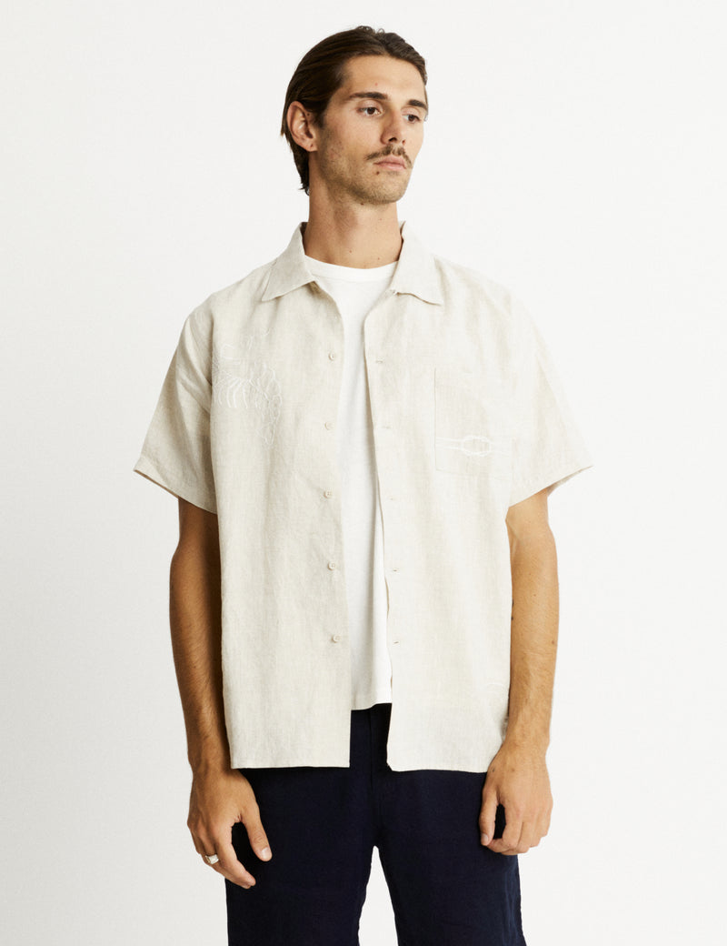 Huck Embroidered Short Sleeve Shirt - Natural