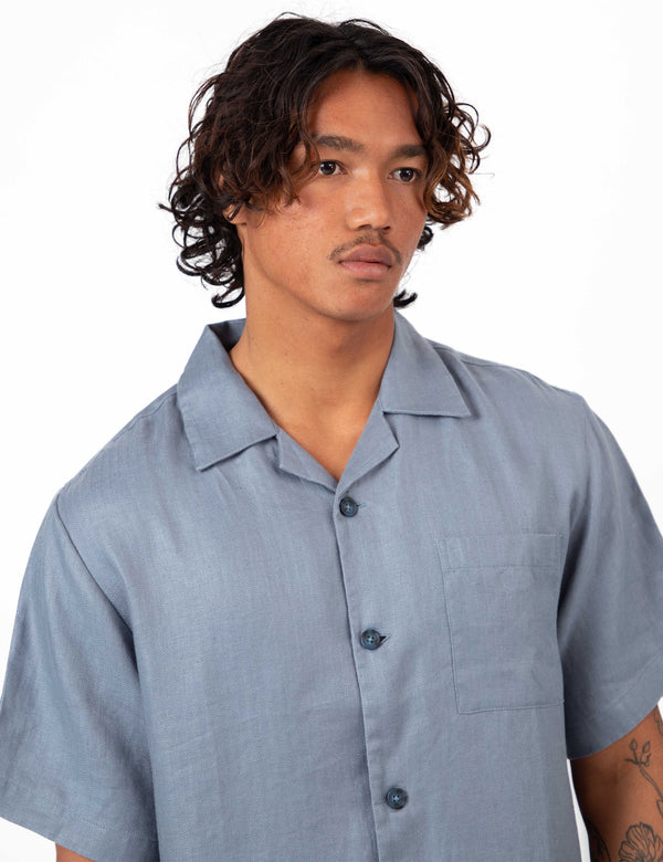 Cuban Short Sleeve Shirt - Shore Slate Blue Linen