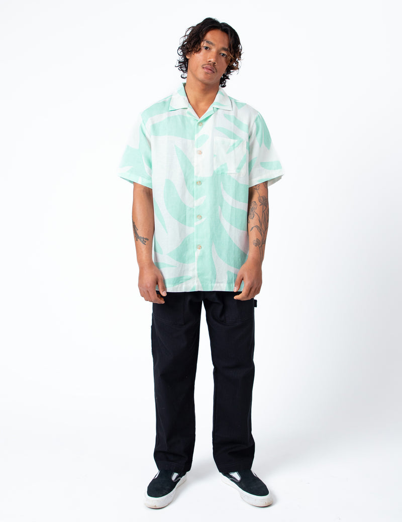 Cuban Short Sleeve Shirt - Palm Light Blue Linen