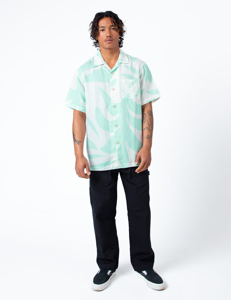 Cuban Short Sleeve Shirt - Palm Light Blue Linen