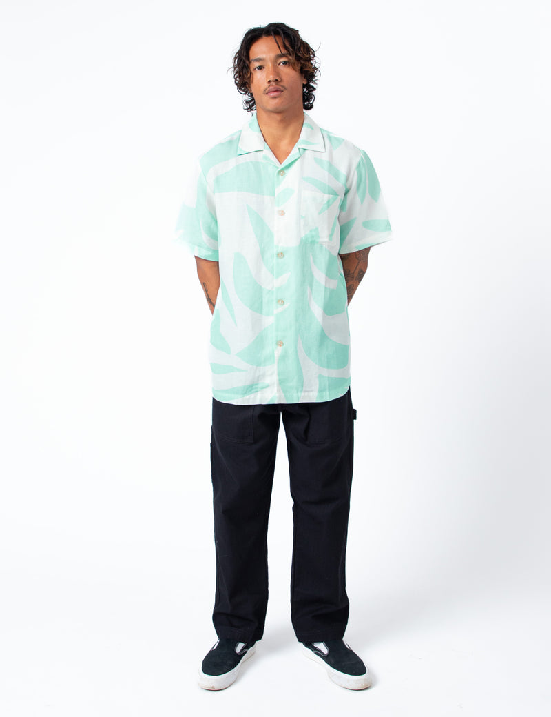 Cuban Short Sleeve Shirt - Palm Light Blue Linen
