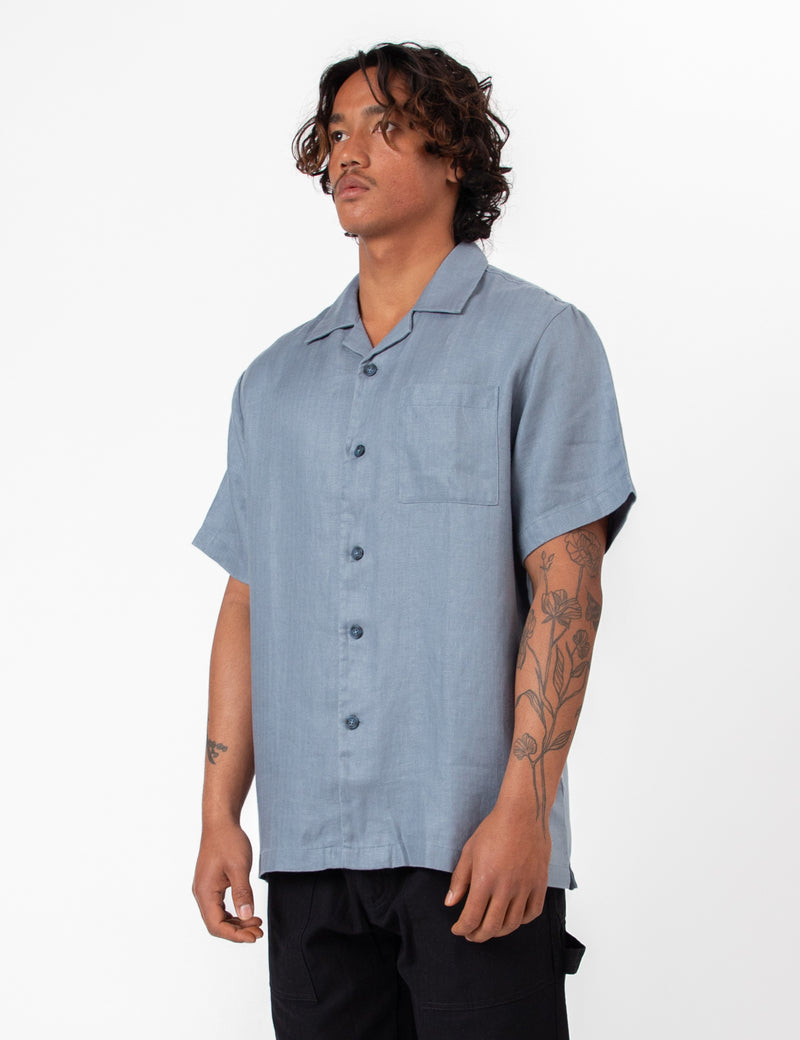Cuban Short Sleeve Shirt - Shore Slate Blue Linen