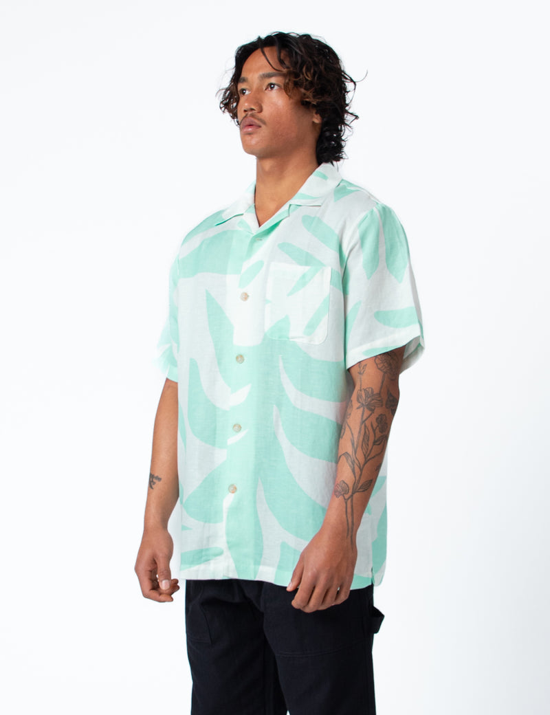 Cuban Short Sleeve Shirt - Palm Light Blue Linen