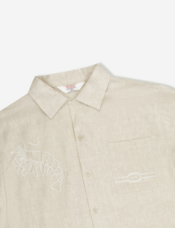 Huck Embroidered Short Sleeve Shirt - Natural