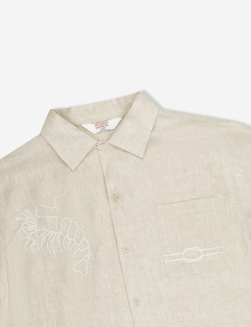 Huck Embroidered Short Sleeve Shirt - Natural