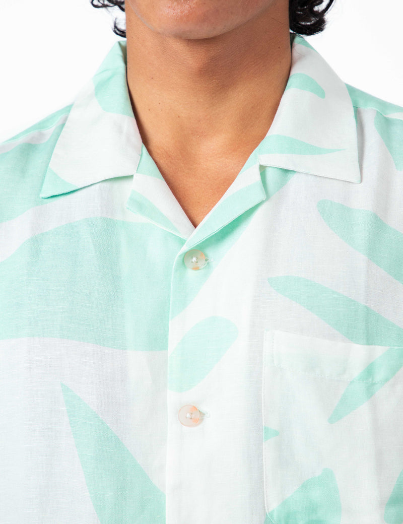 Cuban Short Sleeve Shirt - Palm Light Blue Linen