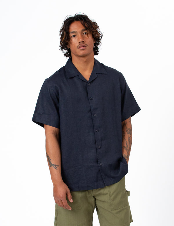Cuban Short Sleeve Shirt - Navy Linen