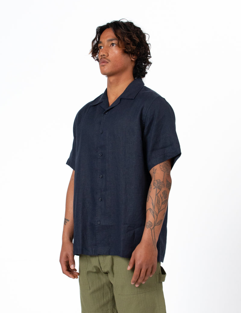 Cuban Short Sleeve Shirt - Navy Linen