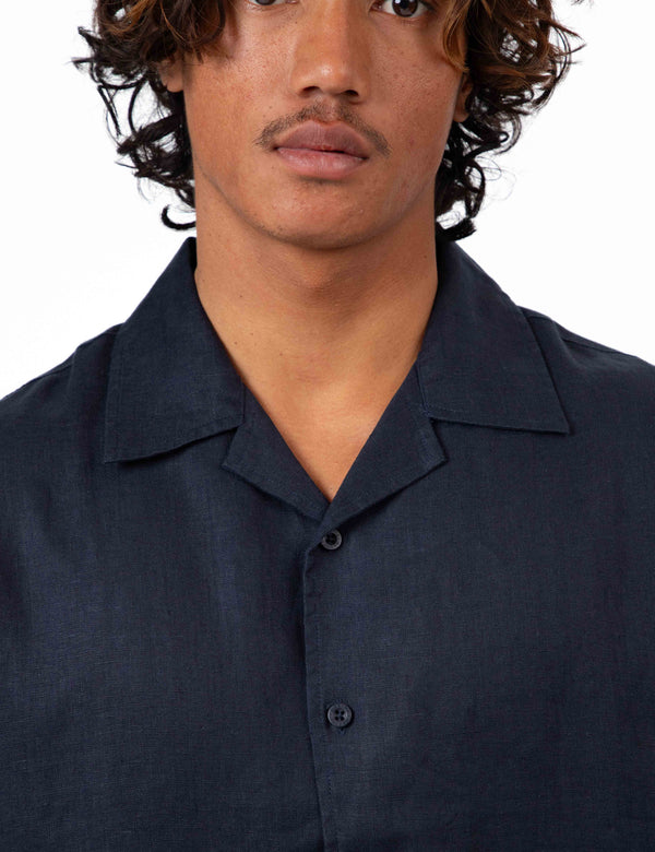 Cuban Short Sleeve Shirt - Navy Linen