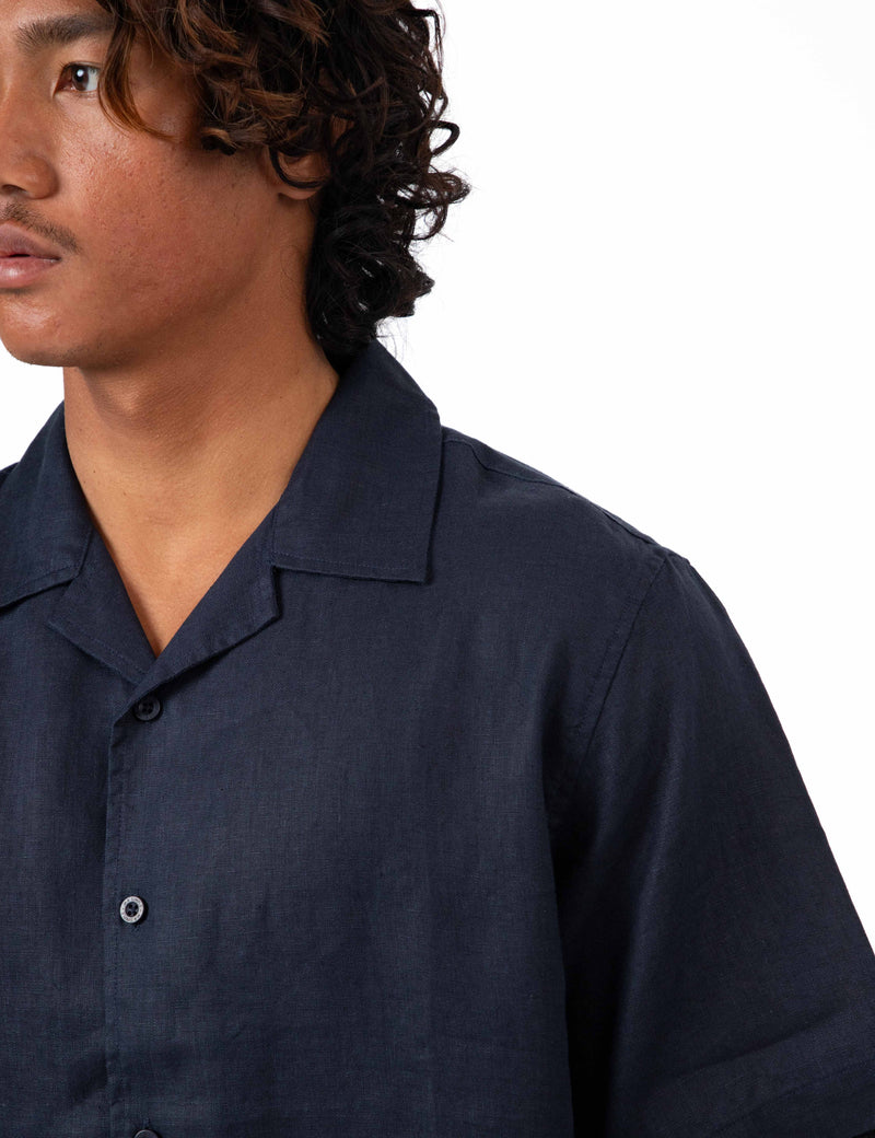 Cuban Short Sleeve Shirt - Navy Linen