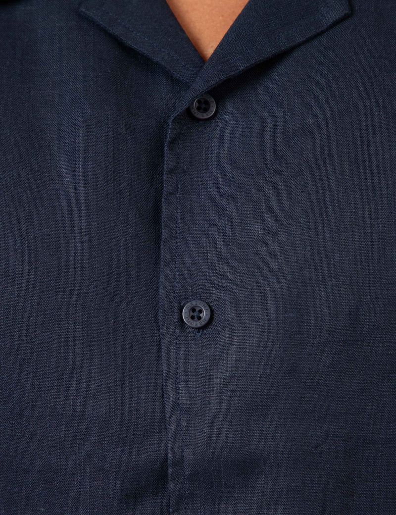 Cuban Short Sleeve Shirt - Navy Linen