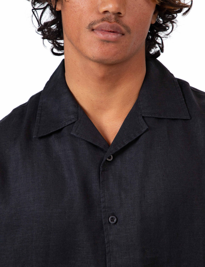 Cuban Short Sleeve Shirt - Black Linen