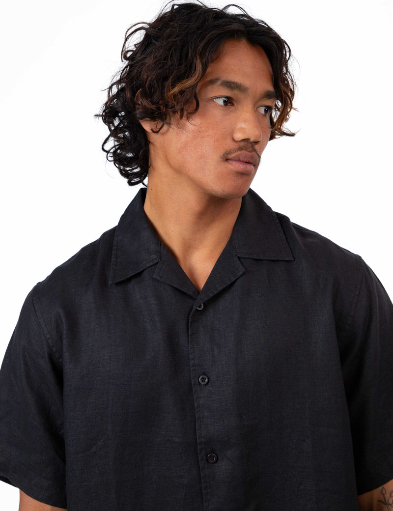 Cuban Short Sleeve Shirt - Black Linen