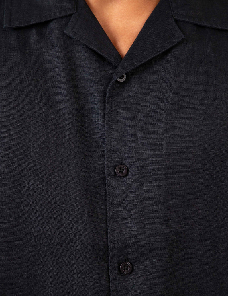 Cuban Short Sleeve Shirt - Black Linen