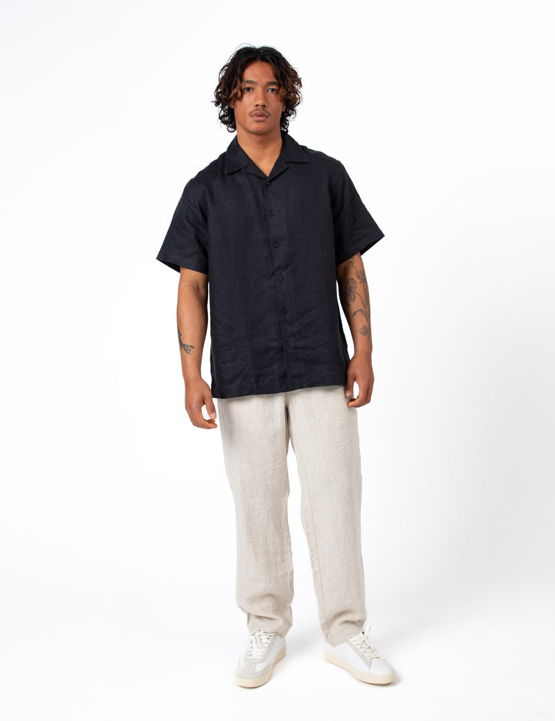 Cuban Short Sleeve Shirt - Black Linen