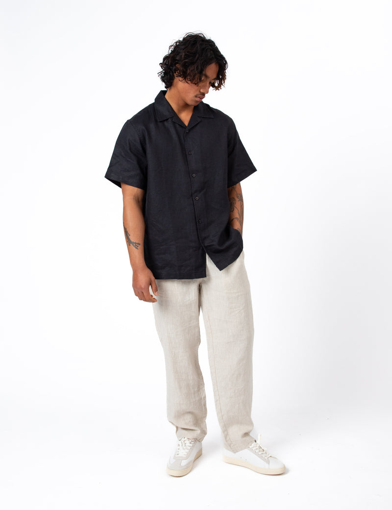 Cuban Short Sleeve Shirt - Black Linen