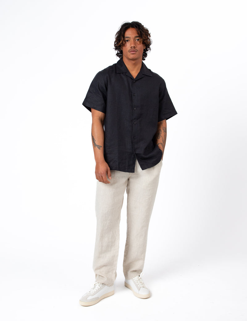 Cuban Short Sleeve Shirt - Black Linen