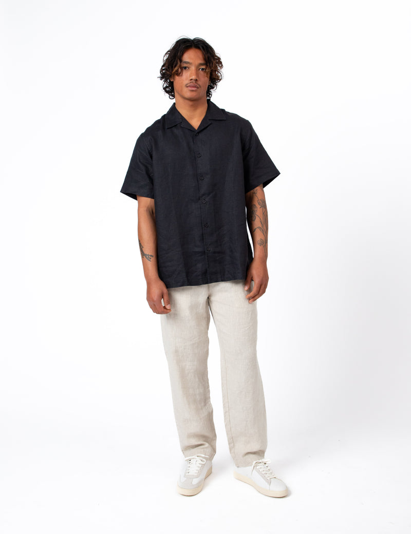 Cuban Short Sleeve Shirt - Black Linen
