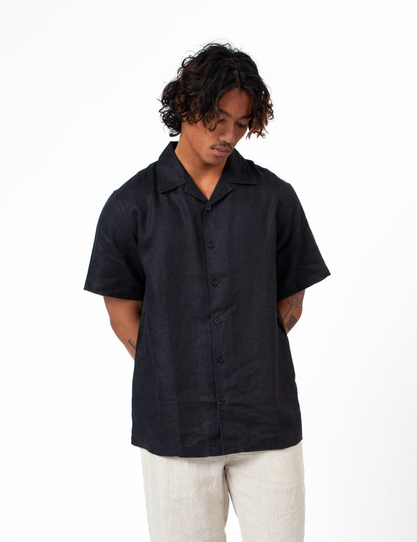 Cuban Short Sleeve Shirt - Black Linen