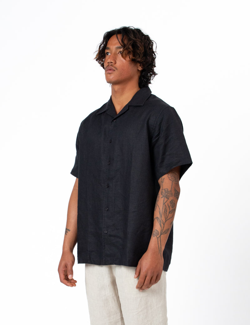 Cuban Short Sleeve Shirt - Black Linen