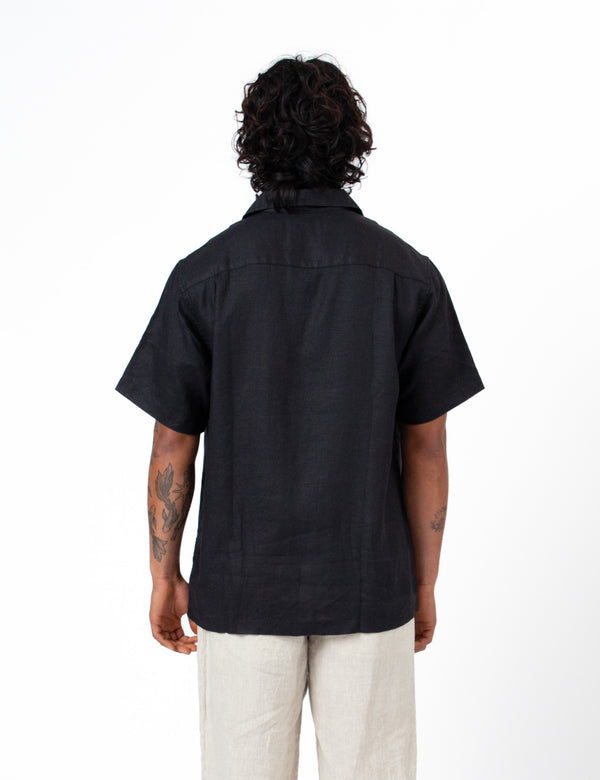 Cuban Short Sleeve Shirt - Black Linen