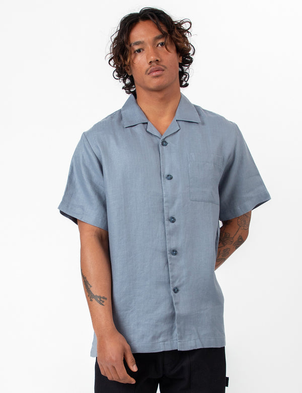 Cuban Short Sleeve Shirt - Shore Slate Blue Linen